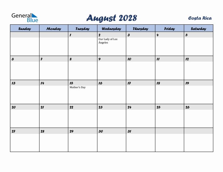 August 2028 Calendar with Holidays in Costa Rica