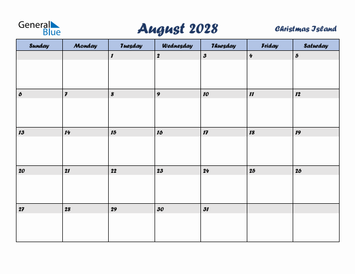 August 2028 Calendar with Holidays in Christmas Island