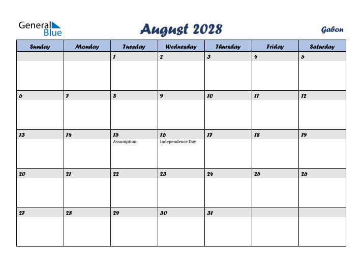 August 2028 Calendar with Holidays in Gabon