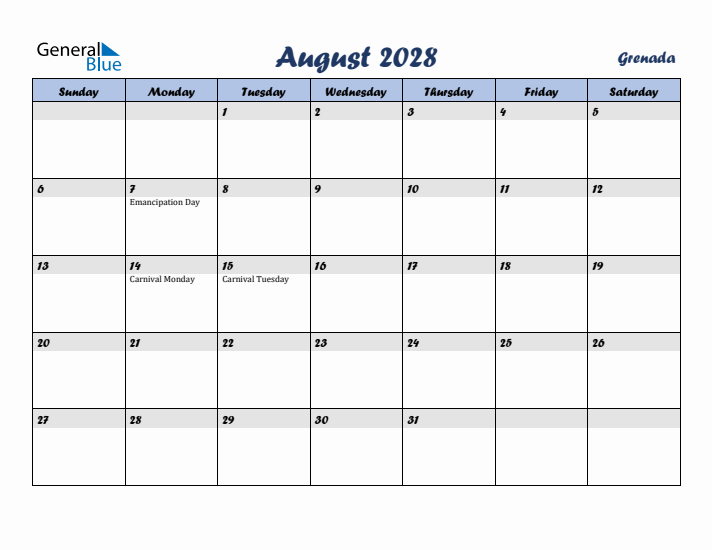 August 2028 Calendar with Holidays in Grenada