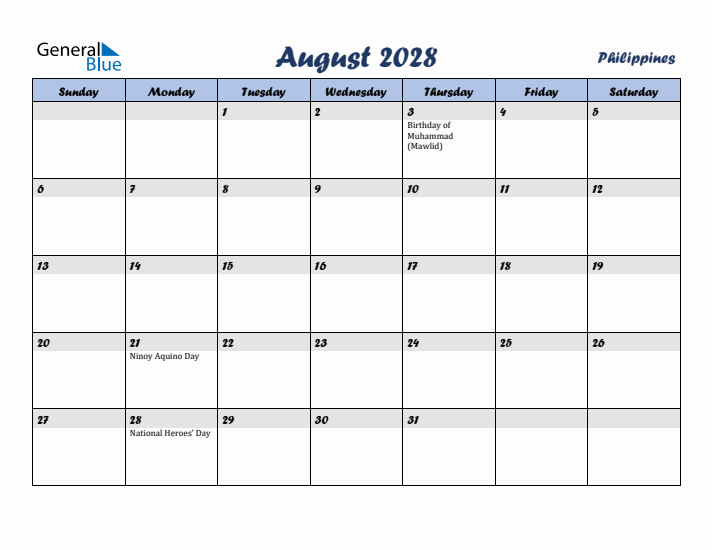 August 2028 Calendar with Holidays in Philippines