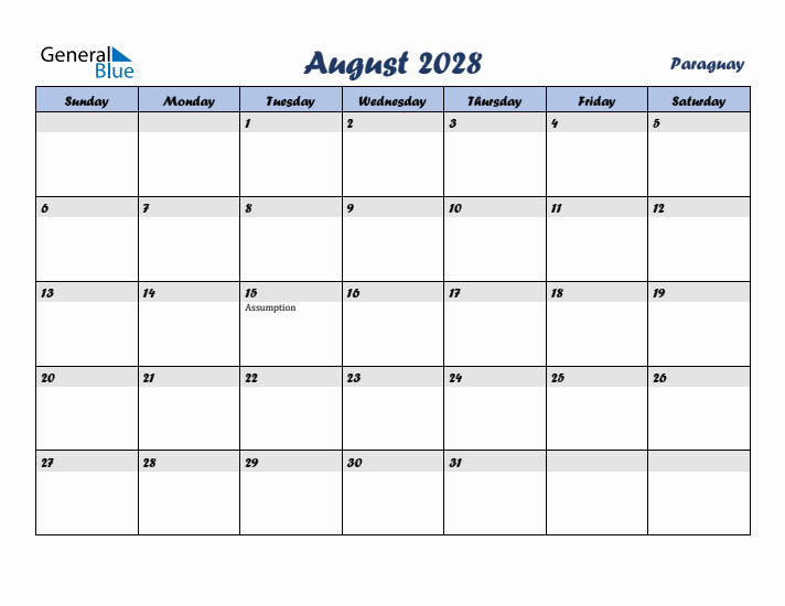 August 2028 Calendar with Holidays in Paraguay