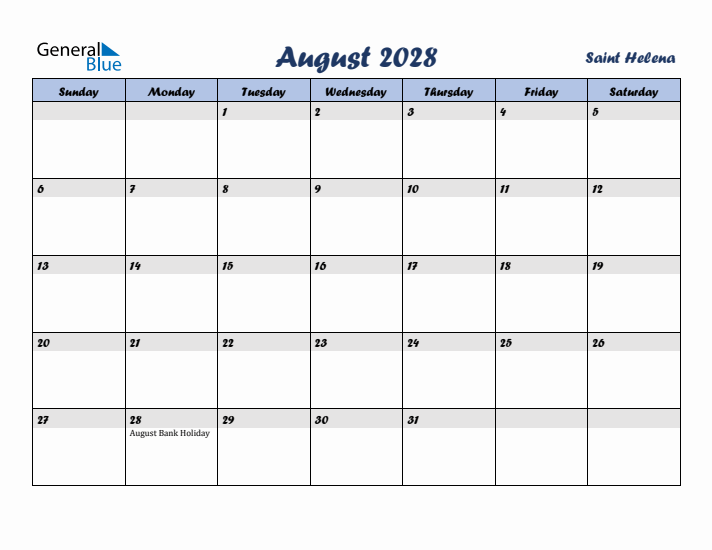 August 2028 Calendar with Holidays in Saint Helena