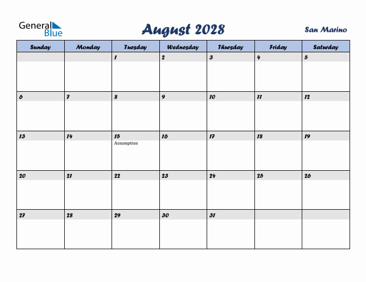 August 2028 Calendar with Holidays in San Marino