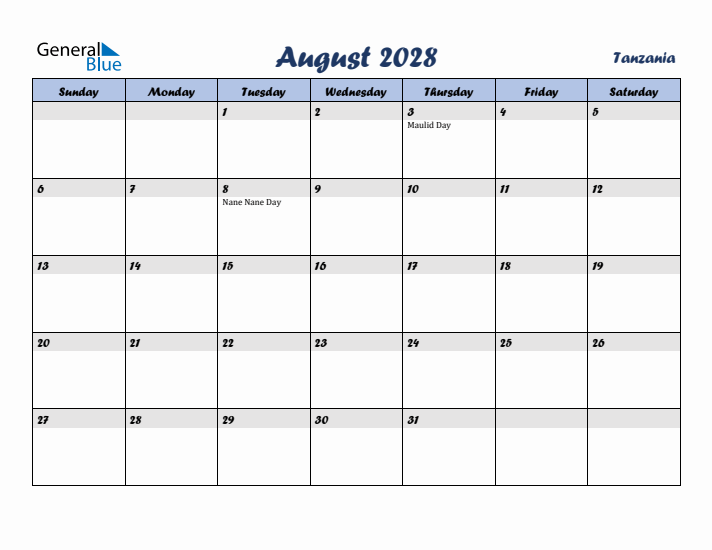 August 2028 Calendar with Holidays in Tanzania