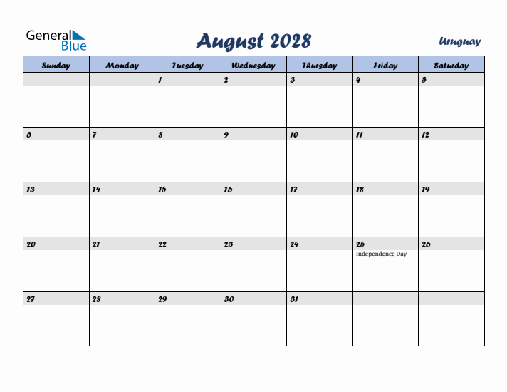 August 2028 Calendar with Holidays in Uruguay