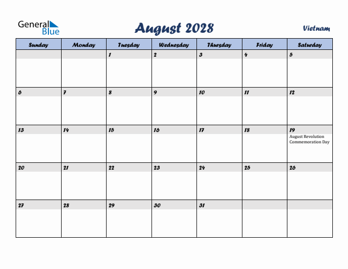 August 2028 Calendar with Holidays in Vietnam