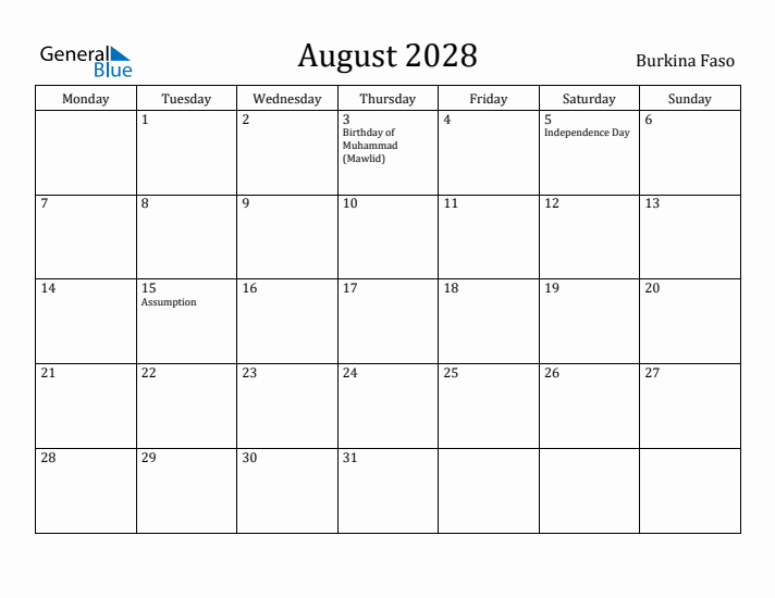 August 2028 Calendar Burkina Faso