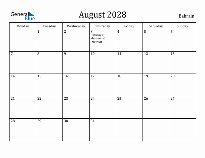 August 2028 Calendar Bahrain