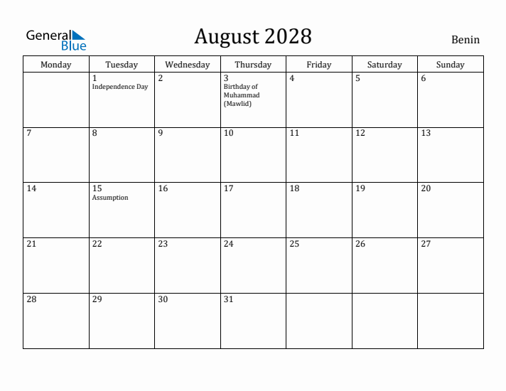 August 2028 Calendar Benin