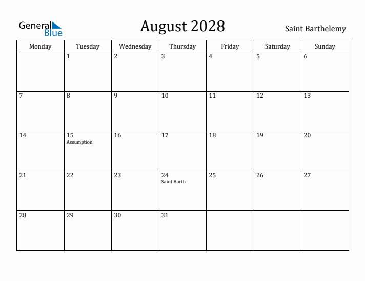 August 2028 Calendar Saint Barthelemy