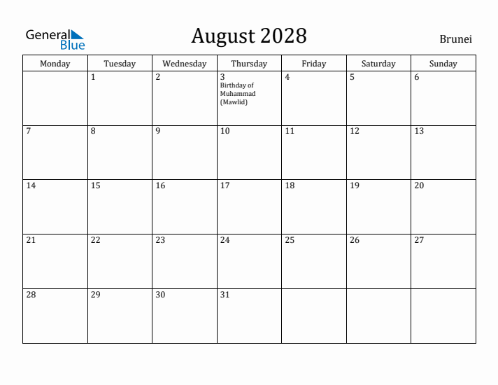 August 2028 Calendar Brunei