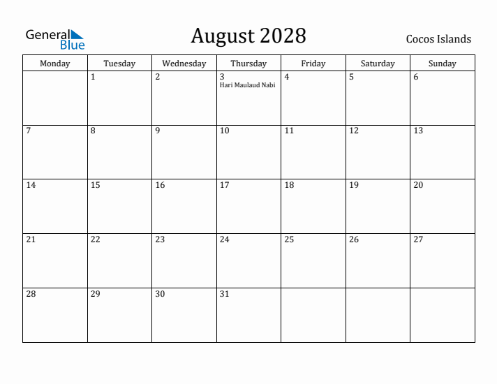 August 2028 Calendar Cocos Islands