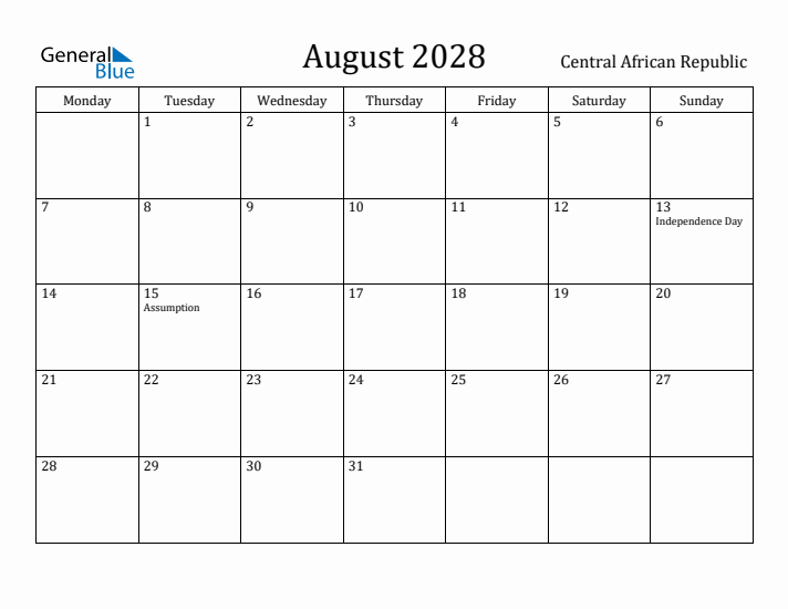 August 2028 Calendar Central African Republic