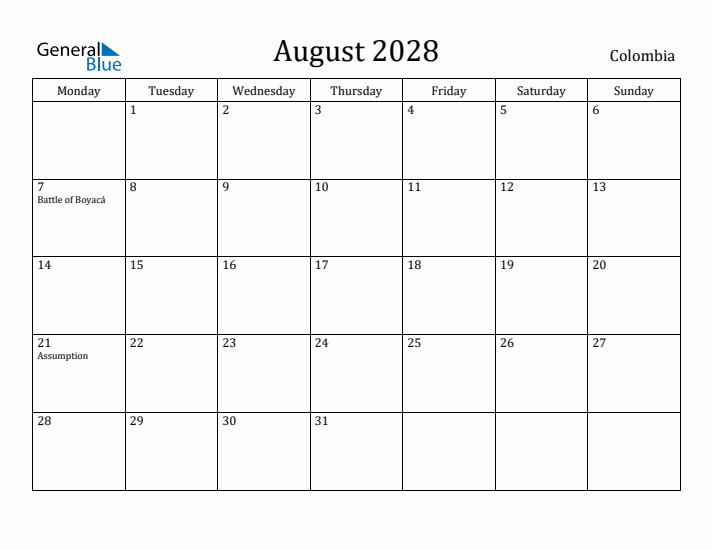 August 2028 Calendar Colombia