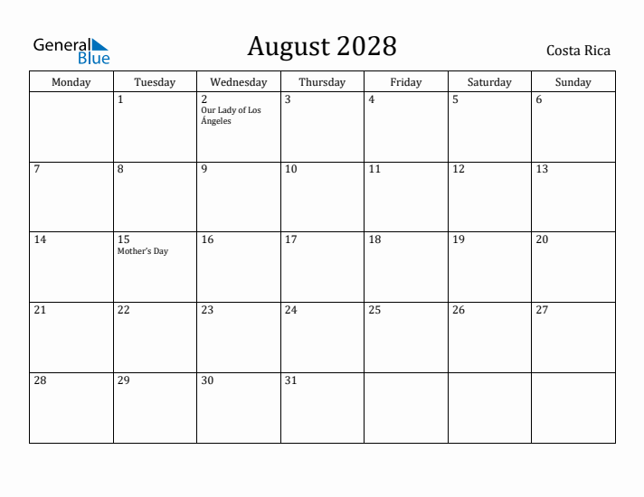 August 2028 Calendar Costa Rica