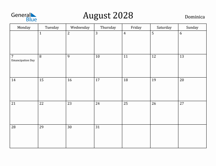 August 2028 Calendar Dominica