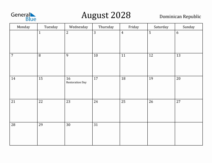 August 2028 Calendar Dominican Republic