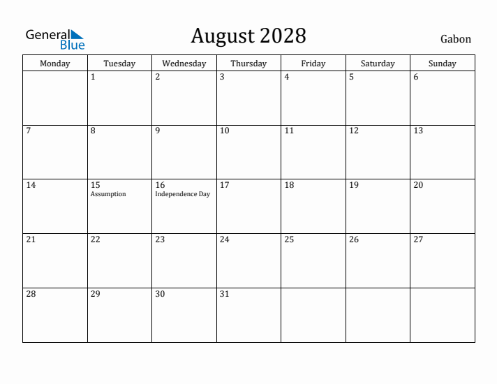 August 2028 Calendar Gabon