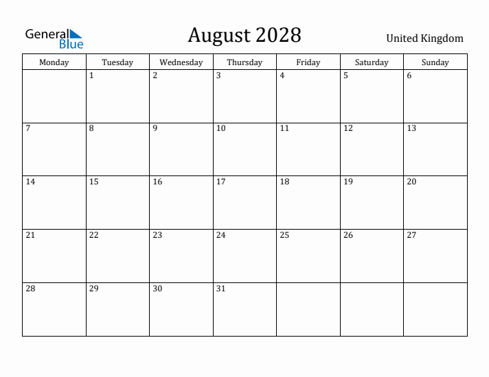 August 2028 Calendar United Kingdom