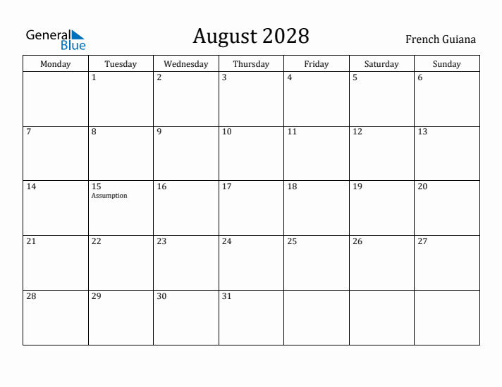 August 2028 Calendar French Guiana