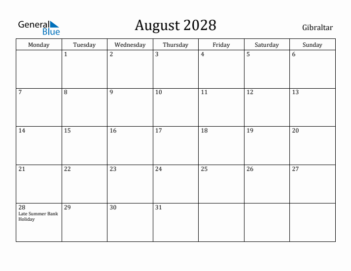 August 2028 Calendar Gibraltar