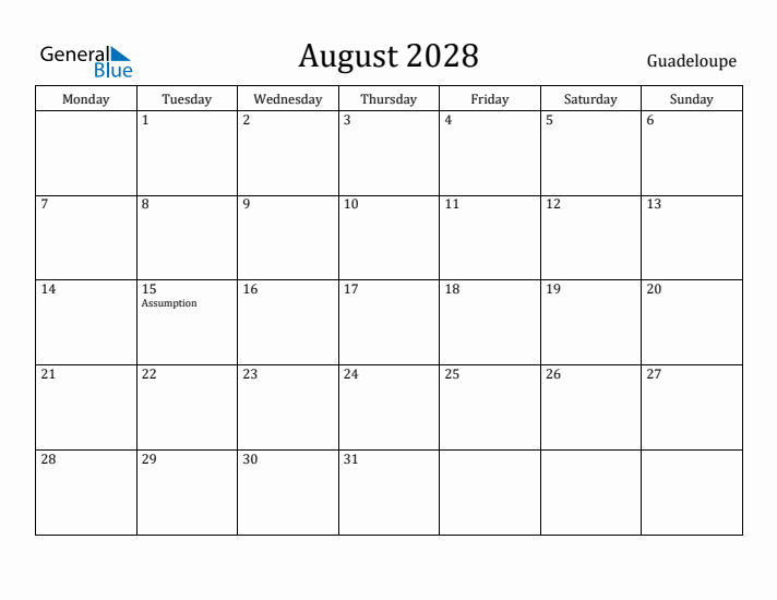 August 2028 Calendar Guadeloupe