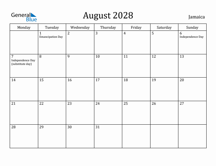 August 2028 Calendar Jamaica