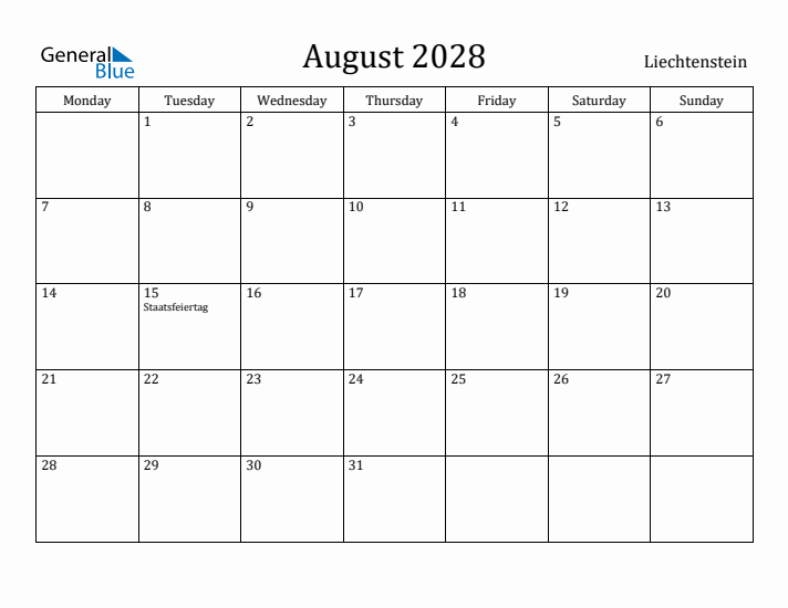 August 2028 Calendar Liechtenstein