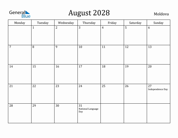 August 2028 Calendar Moldova