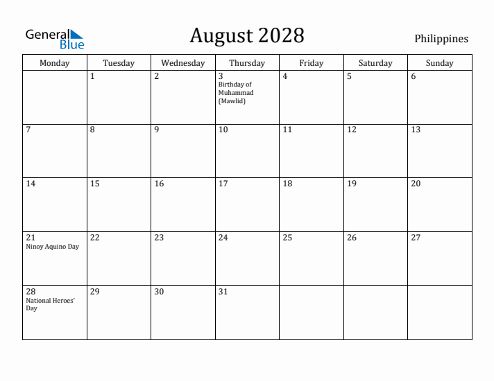 August 2028 Calendar Philippines