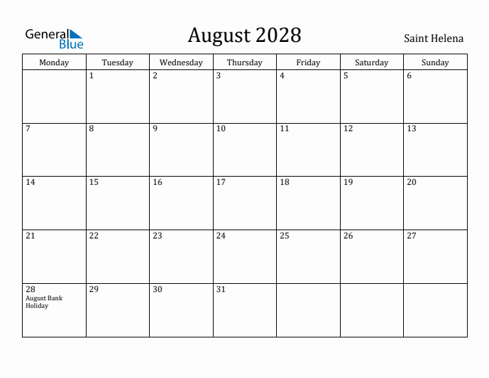 August 2028 Calendar Saint Helena