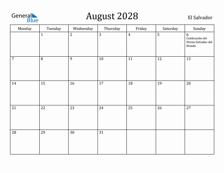 August 2028 Calendar El Salvador