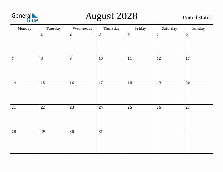 August 2028 Calendar United States