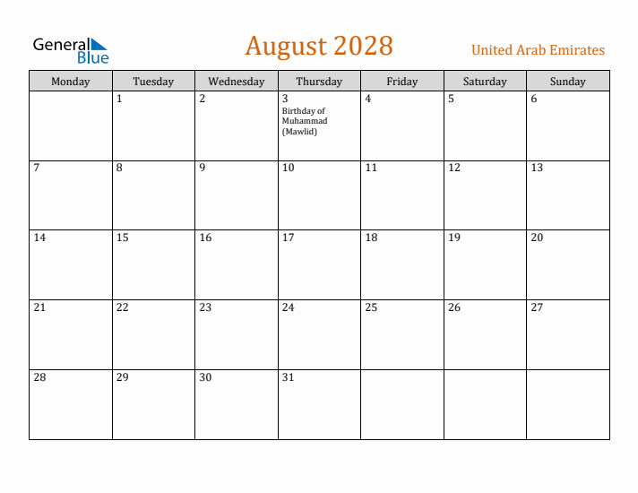 August 2028 Holiday Calendar with Monday Start