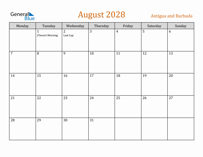 August 2028 Holiday Calendar with Monday Start