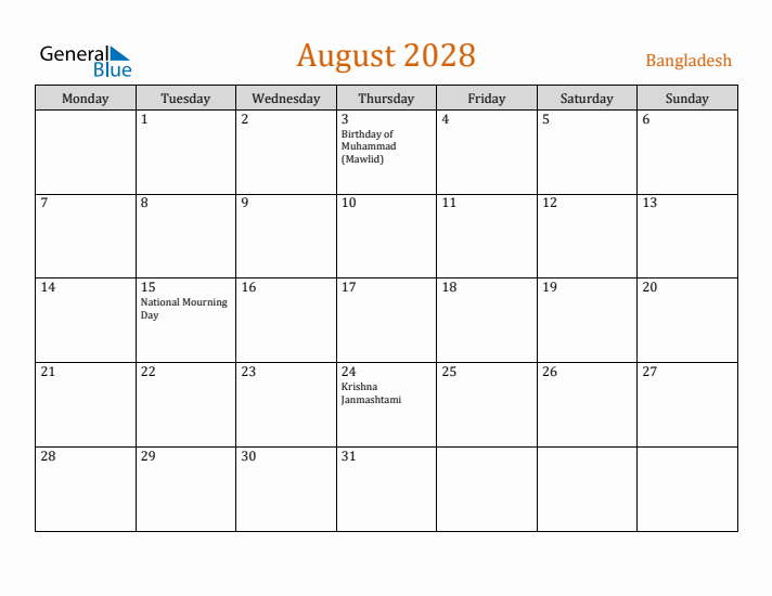 August 2028 Holiday Calendar with Monday Start