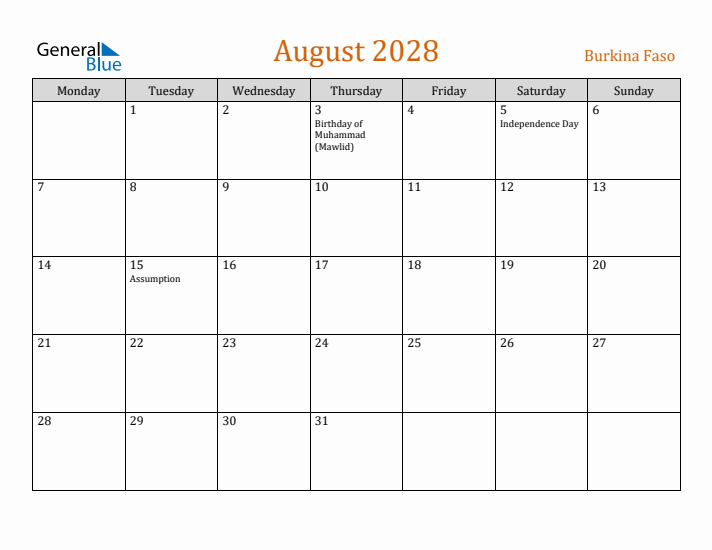 August 2028 Holiday Calendar with Monday Start