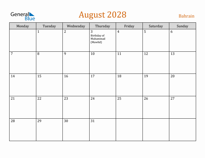 August 2028 Holiday Calendar with Monday Start