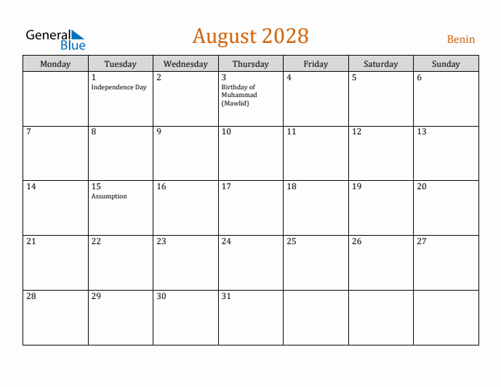 August 2028 Holiday Calendar with Monday Start