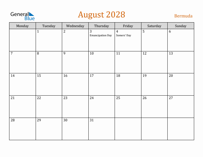 August 2028 Holiday Calendar with Monday Start