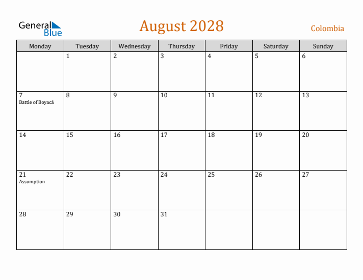 August 2028 Holiday Calendar with Monday Start