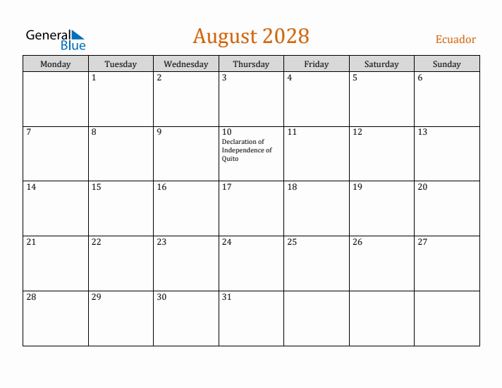 August 2028 Holiday Calendar with Monday Start