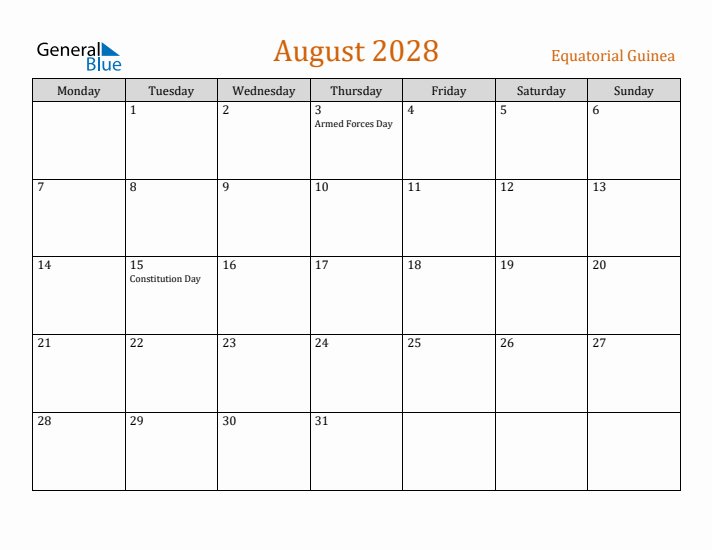 August 2028 Holiday Calendar with Monday Start