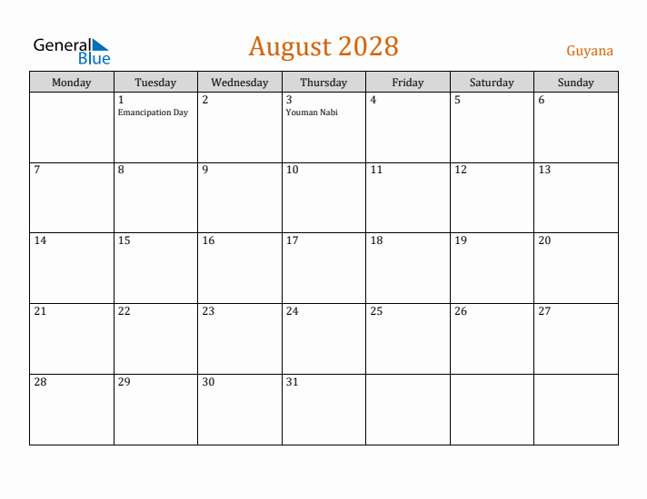 August 2028 Holiday Calendar with Monday Start