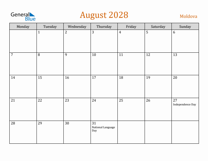 August 2028 Holiday Calendar with Monday Start