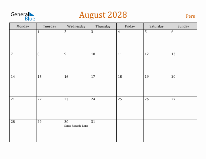 August 2028 Holiday Calendar with Monday Start