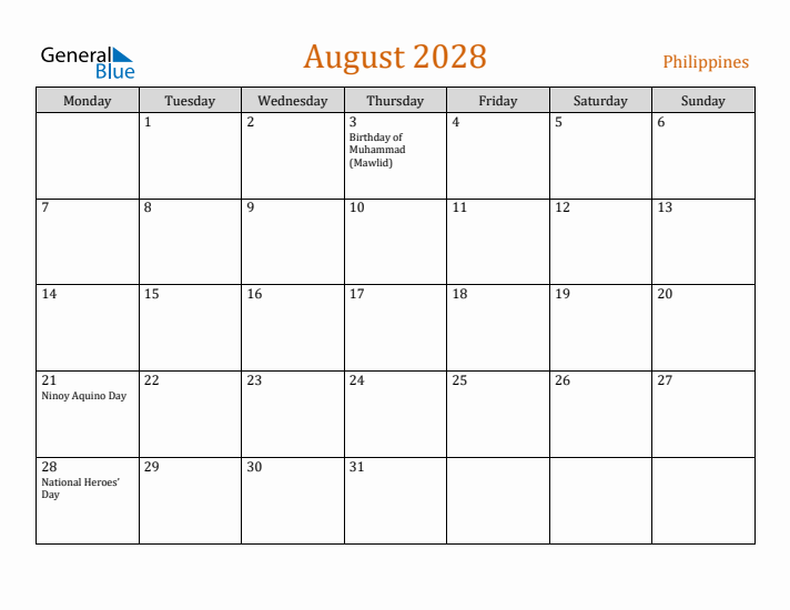 August 2028 Holiday Calendar with Monday Start