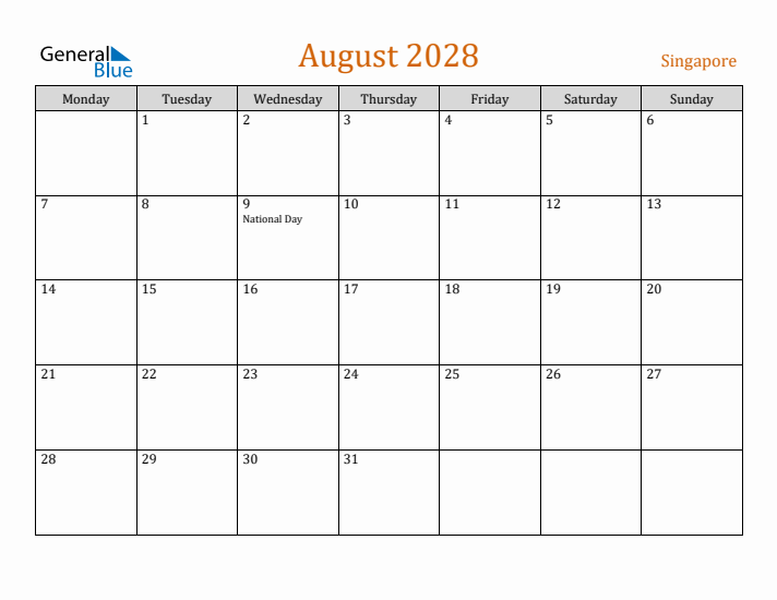 August 2028 Holiday Calendar with Monday Start