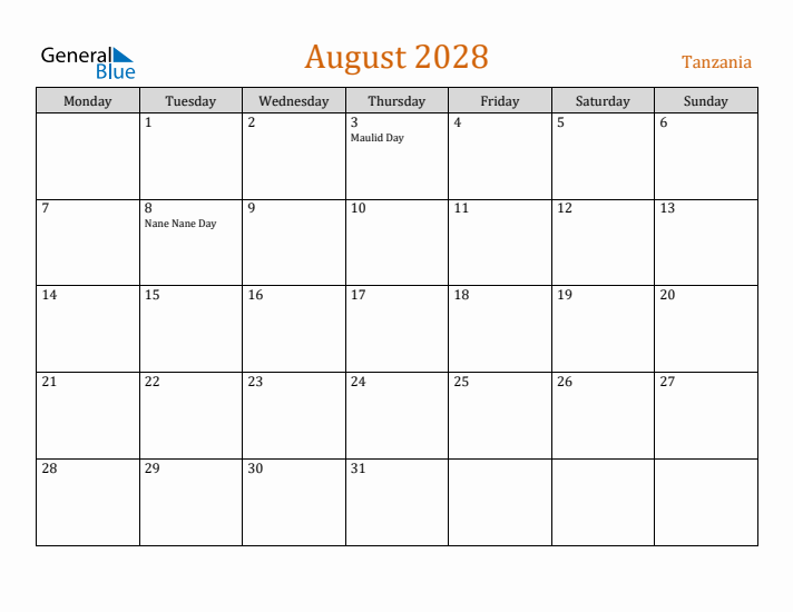 August 2028 Holiday Calendar with Monday Start